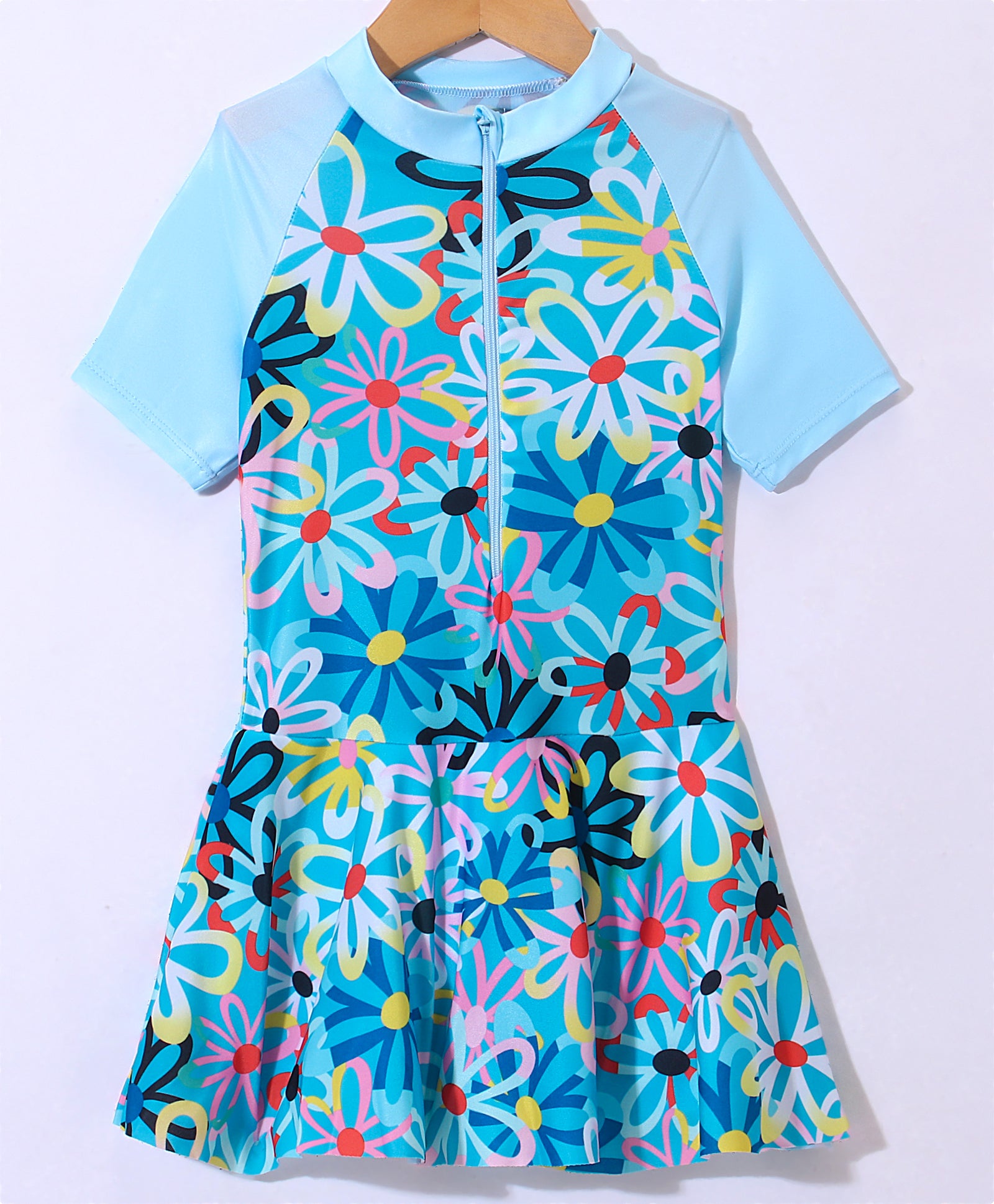 FLOWER PRINTED HALF SLEEVES FROCK STYLE SWIMSUIT - BLUE (2 TO 6 YEARS)