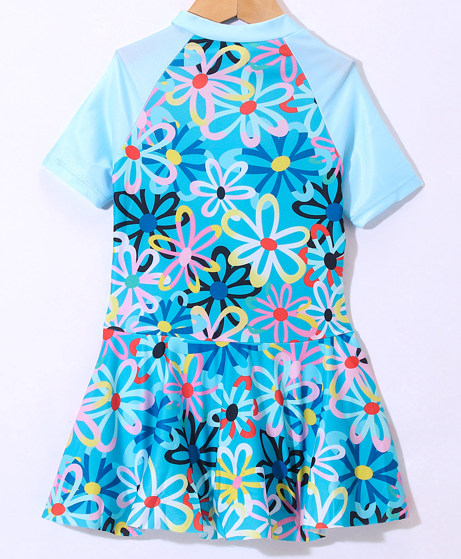 FLOWER PRINTED HALF SLEEVES FROCK STYLE SWIMSUIT - BLUE (2 TO 6 YEARS)