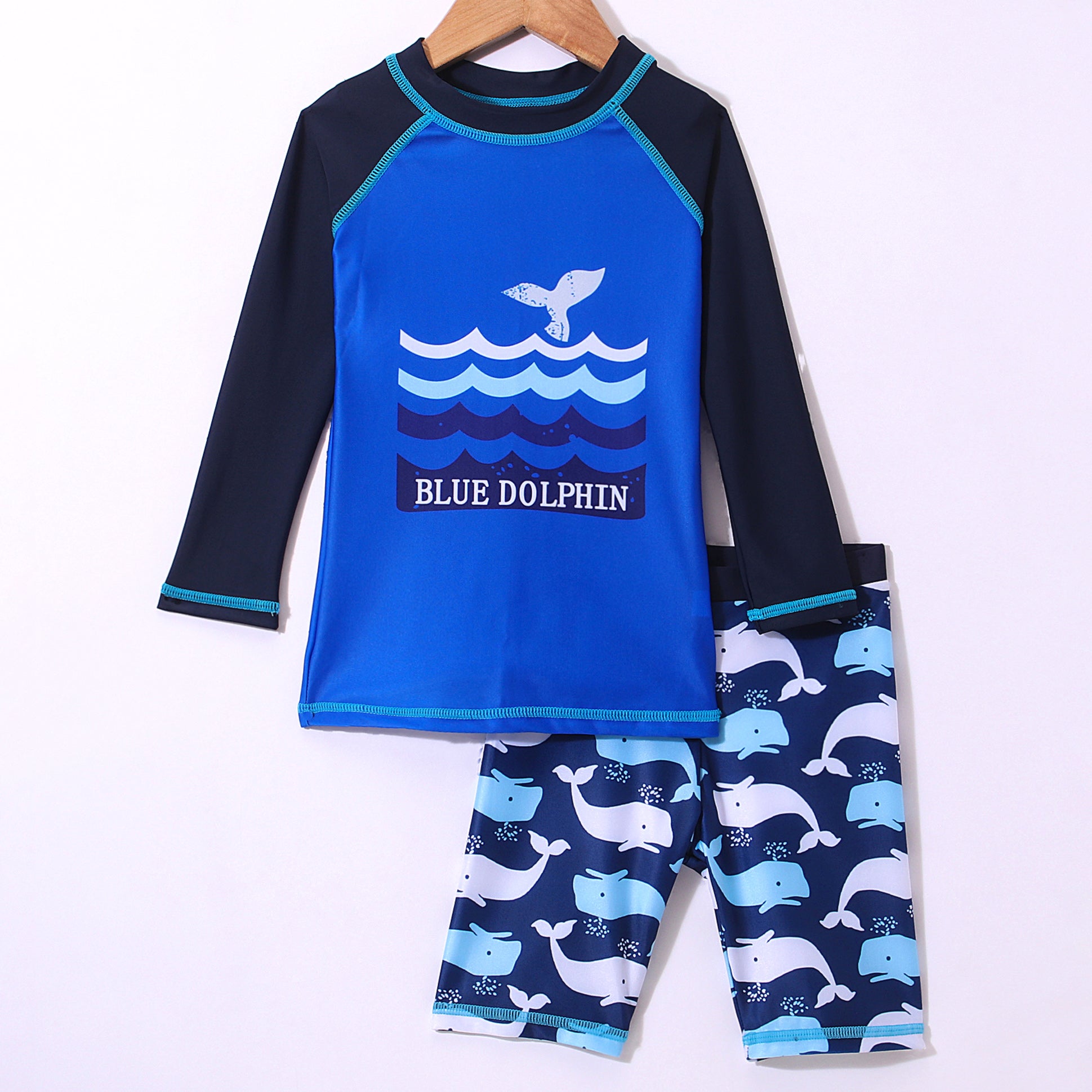 BLUE DOLPHIN PRINT RAGLAN SLEEVES 2 PIECE SWIMSUIT - BLUE (2 TO 7 YEARS)