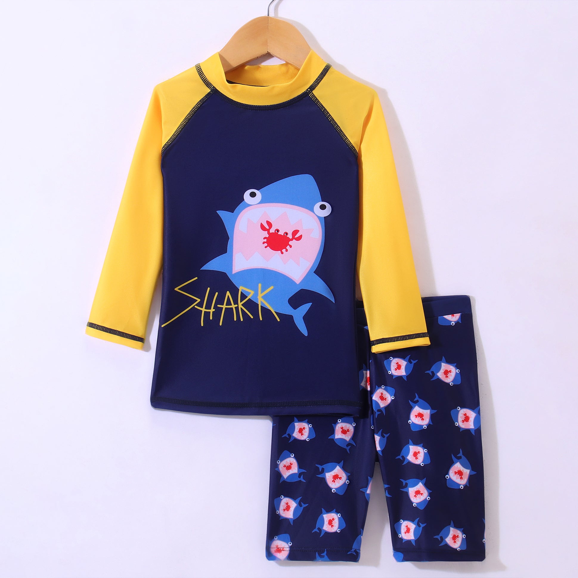 SHARK PRINTED RAGLAN SLEEVES  2 PIECE SWIMSUIT - YELLOW & BLUE (2 TO 7 YEARS)
