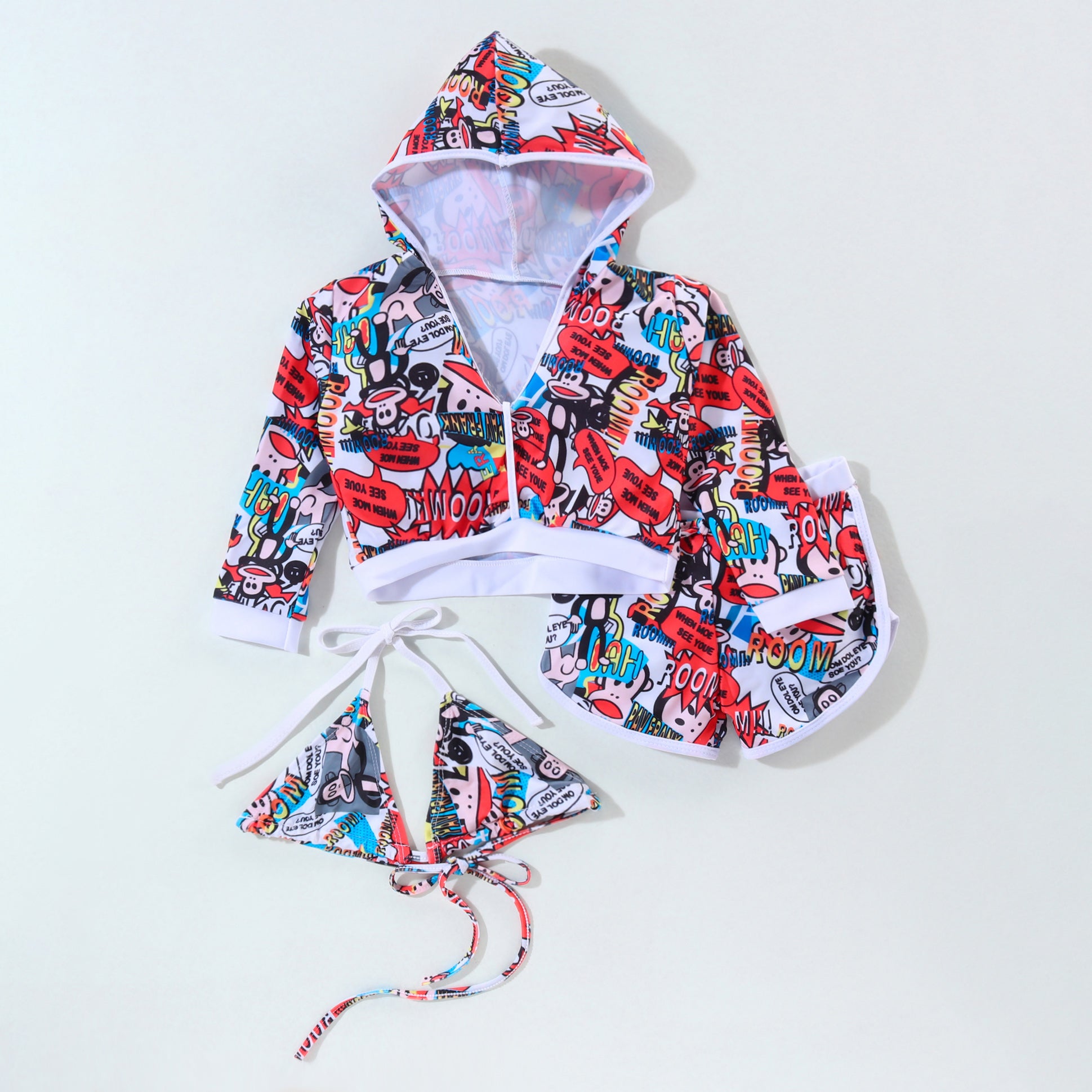 MONKEY PRINTED BIKINI TOP & SHORTS STYLE 3 PIECE SWIMSUIT - WHITE & RED (2 TO 6 YEARS)