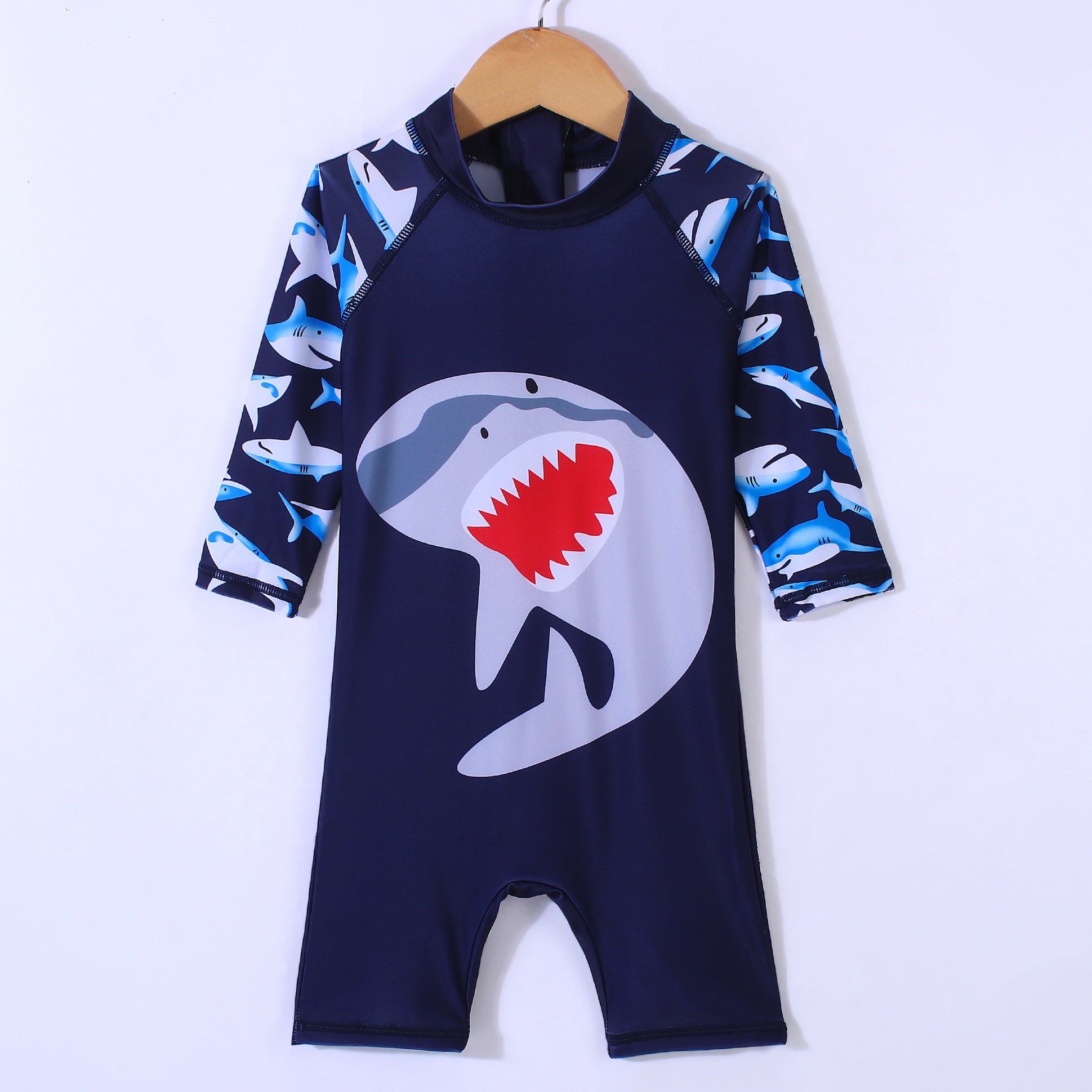 SHARK PRINT HALF SLEEVES LEGGED SWIMSUIT - NAVY BLUE (2 TO 7 YEARS)