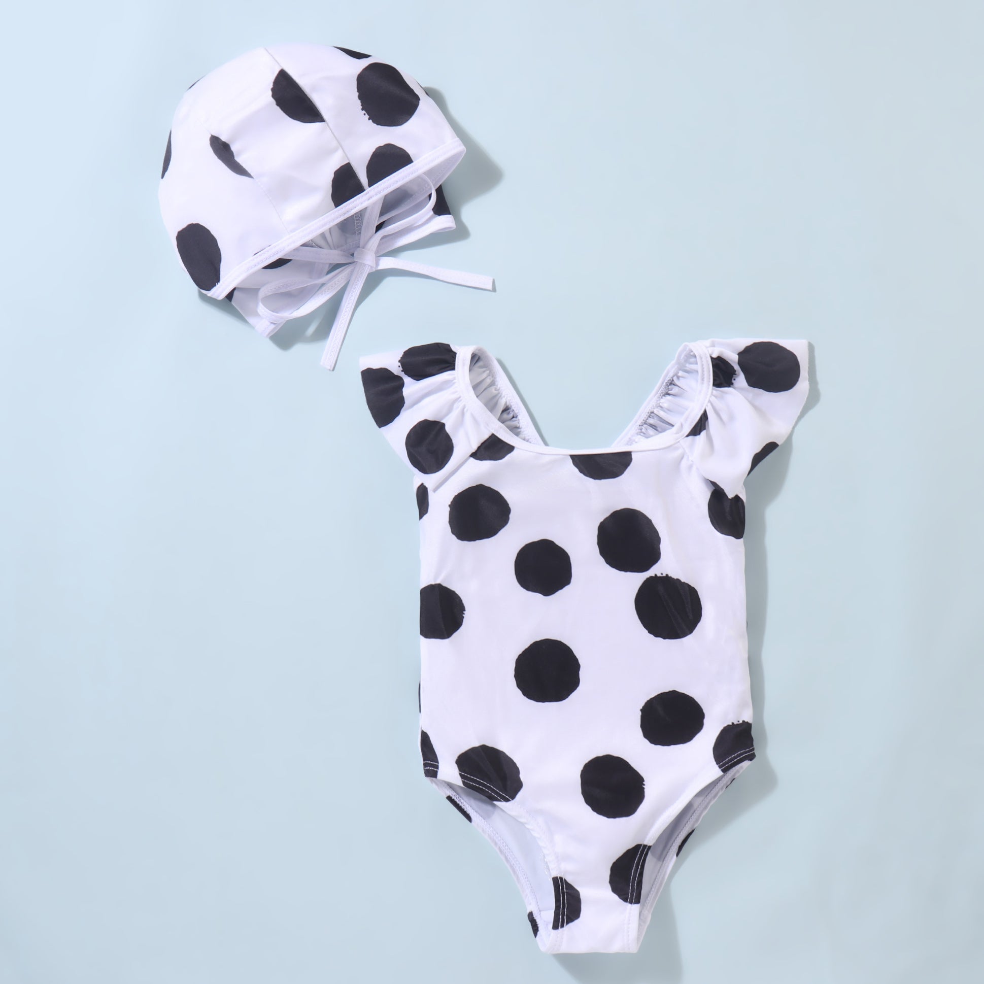 CAP SLEEVES POLKA DOTS PRINTED V CUT SWIMSUIT WITH CAP - WHITE & BLACK (2 TO 6 YEARS)