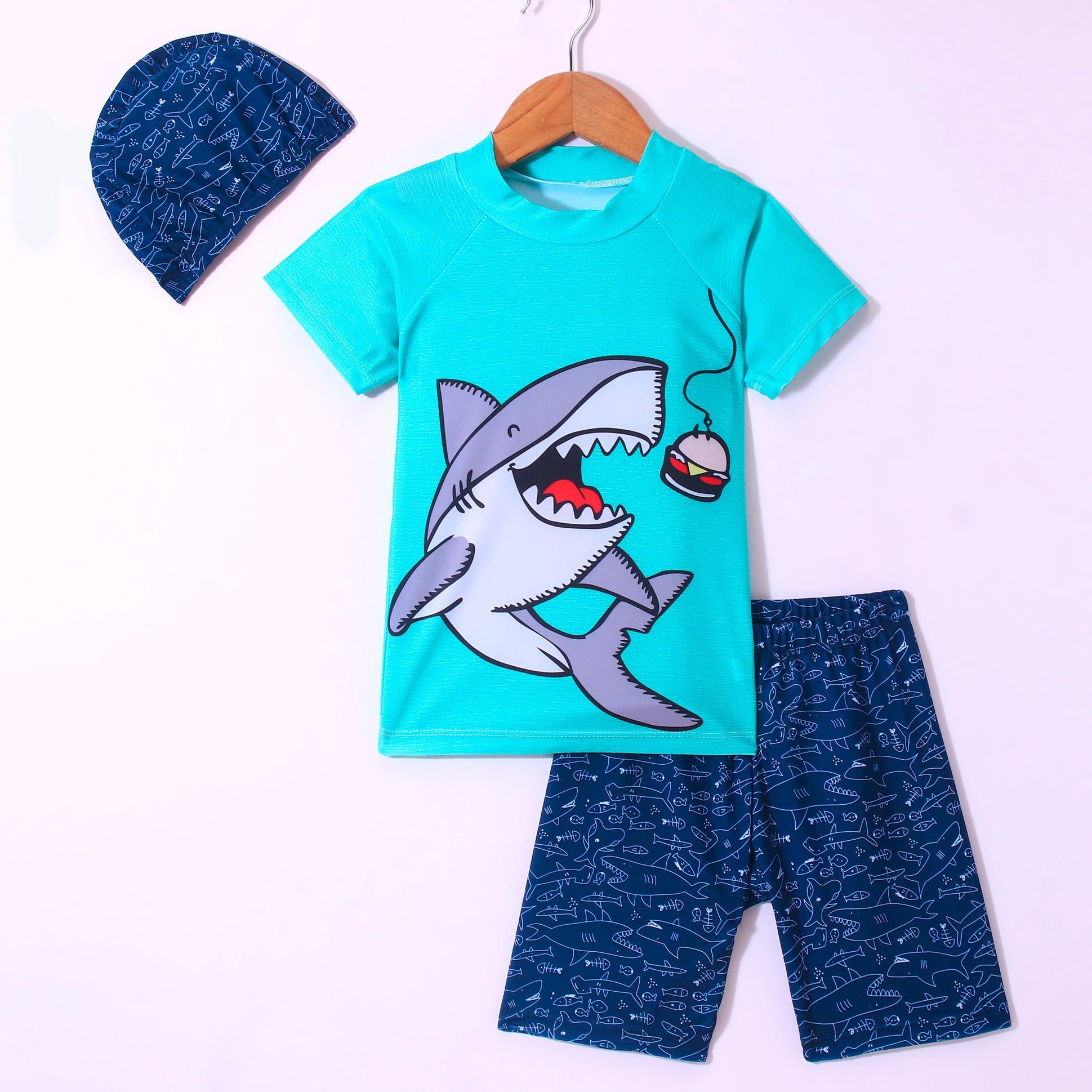 SHARK & BURGER PRINT RAGLAN HALF SLEEVES 2 PIECE SWIMSUIT WITH CAP - BLUE (2 TO 7 YEARS)