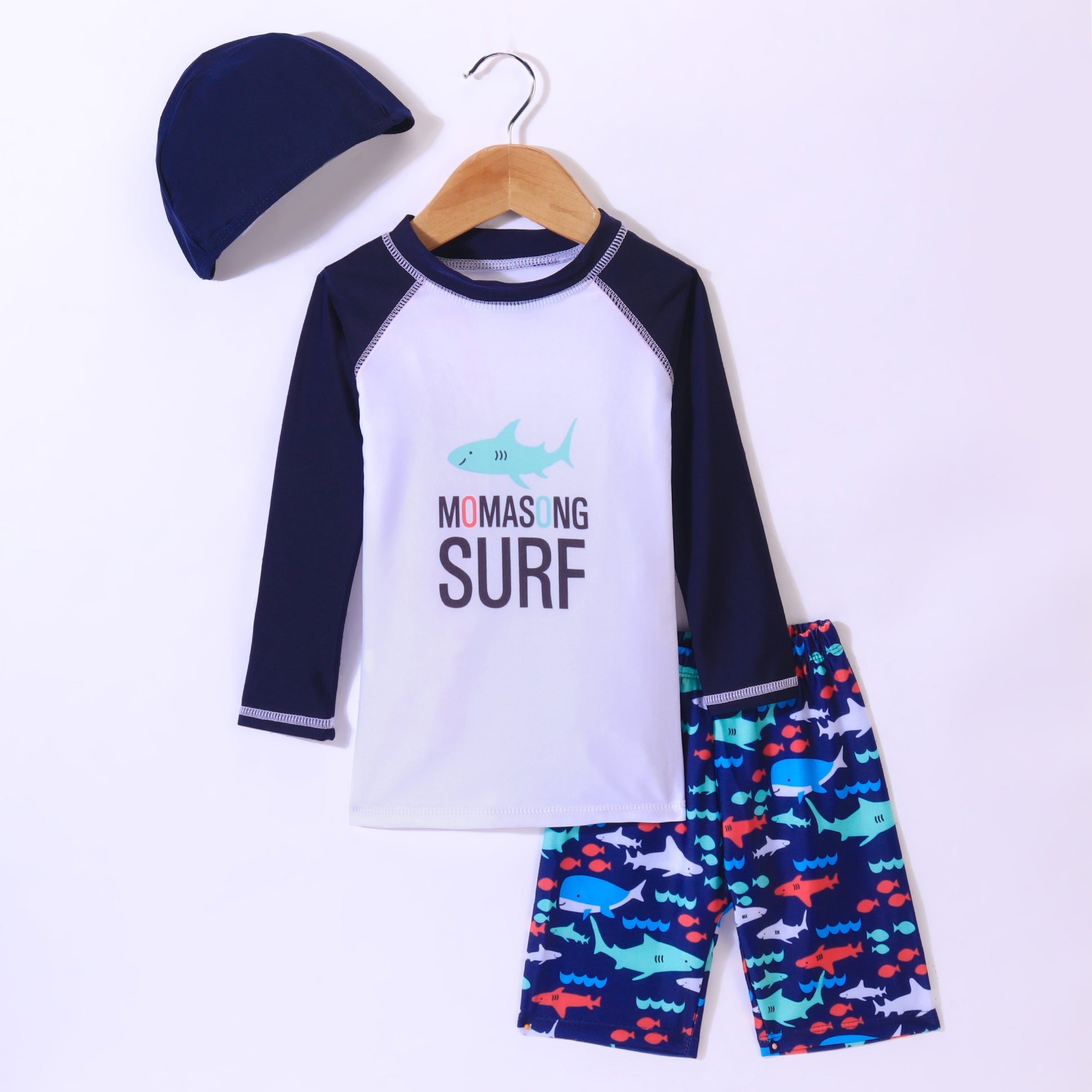SURF PRINTED RAGLAN SLEEVES 2 PIECE SWIMSUIT WITH CAP - WHITE & BLUE (2 TO 7 YEARS)