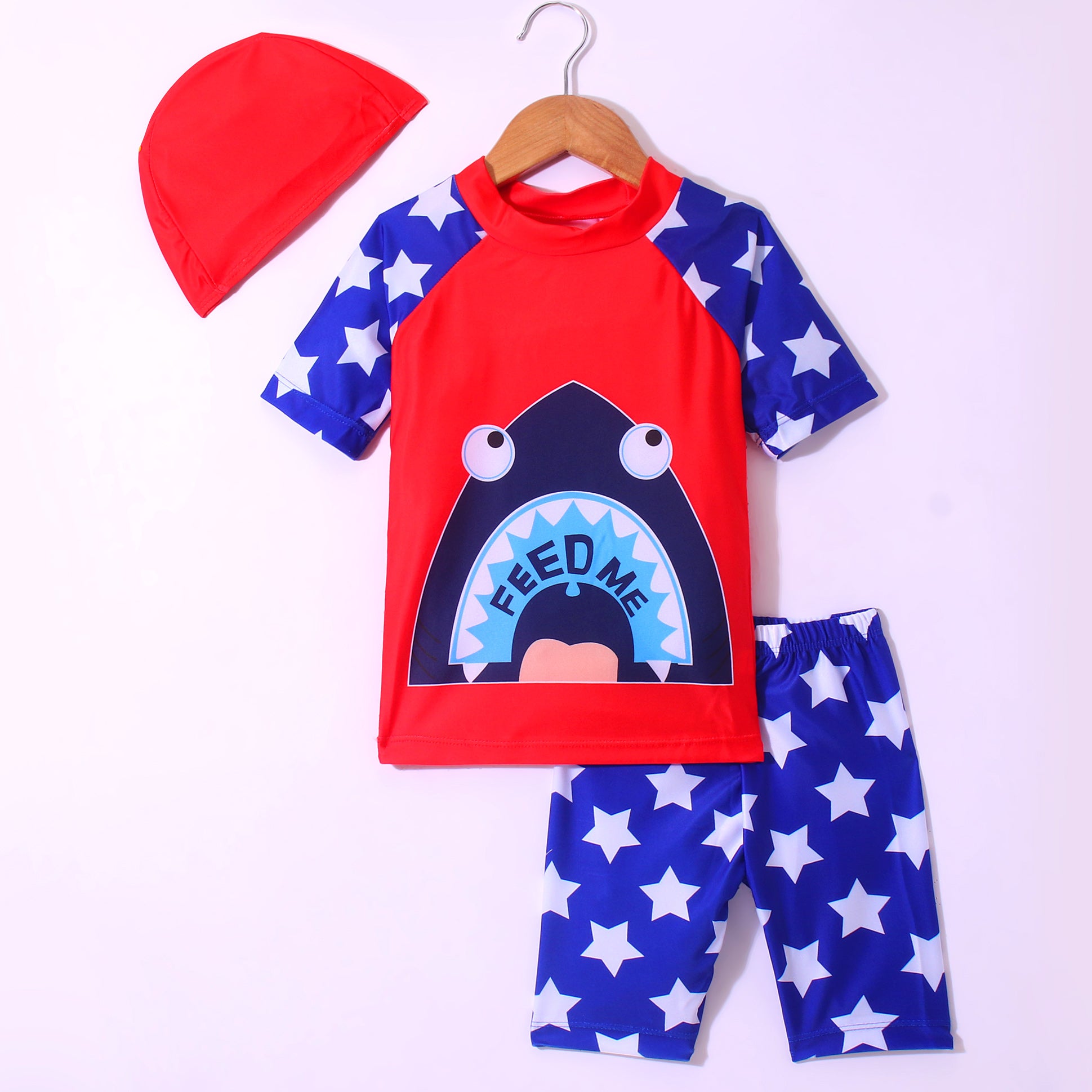 WHALE PRINT HALF SLEEVES 2 PIECE SWIMSUIT WITH CAP - RED & BLUE (2 TO 7 YEARS)