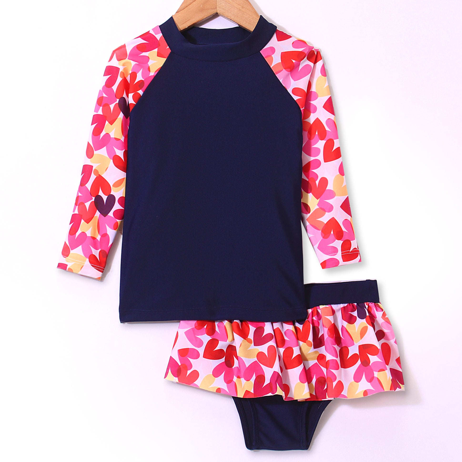 HEART PRINTED FULL SLEEVES SKIRT STYLE 2 PIECE SWIMSUIT - PINK & NAVY (1 TO 6 YEARS)