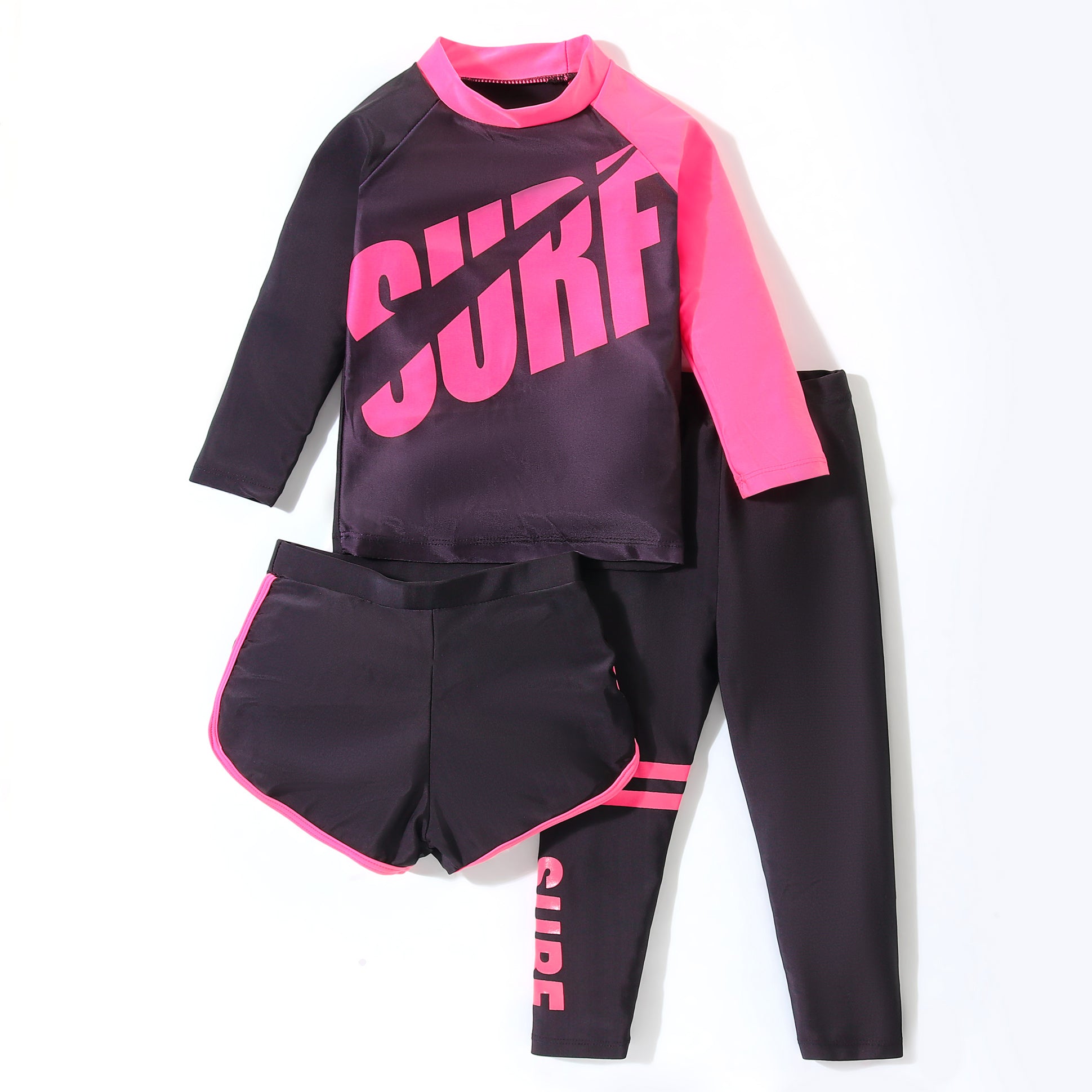 SURF PRINTED RAGLAN SLEEVES 3 PIECE SWIMSUIT - BLACK & PINK (3 TO 10 YEARS)