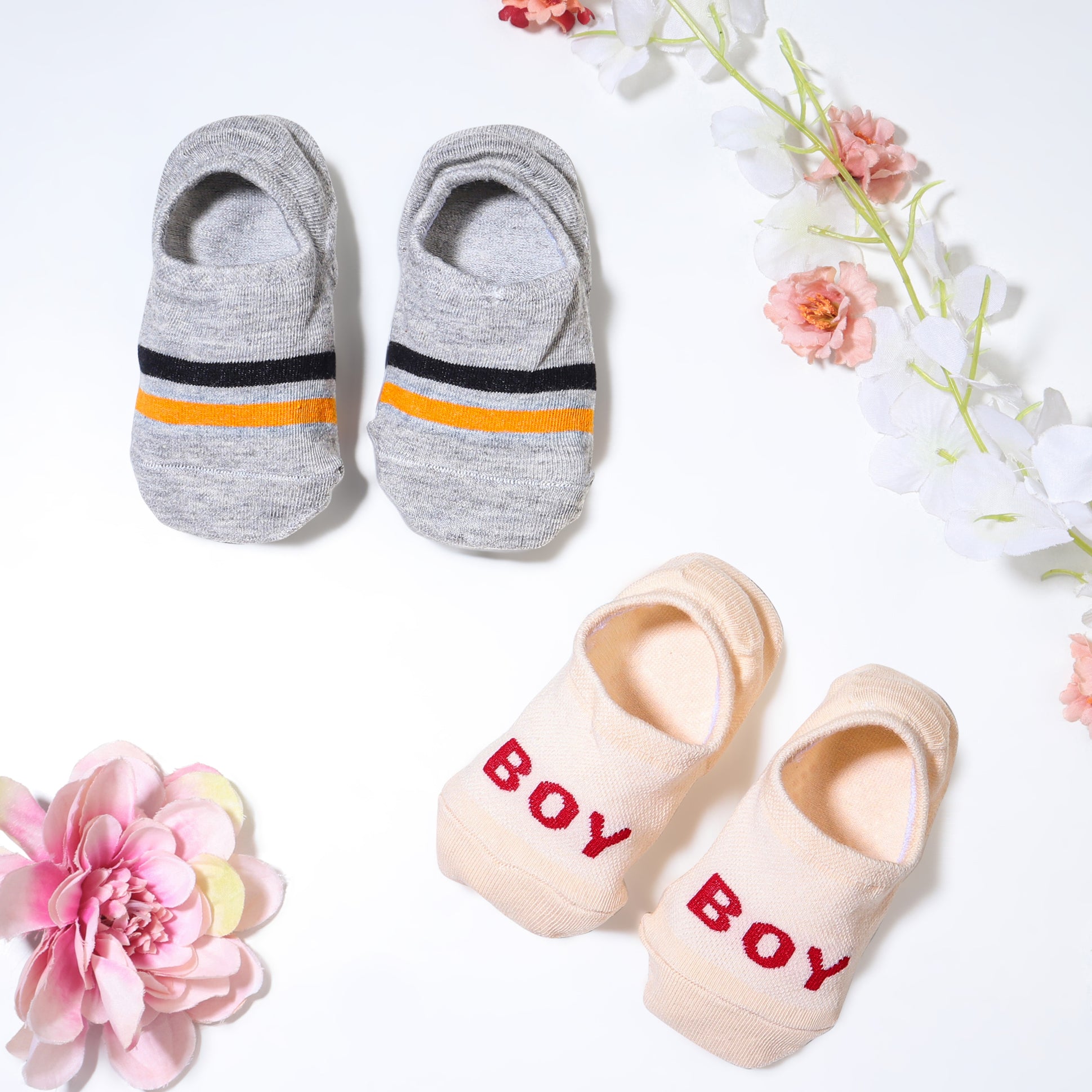 Pack of 2 Stripes & Boy Text Print Anti Skid Loafer Socks - Beige & Grey (1 TO 12 YEARS)