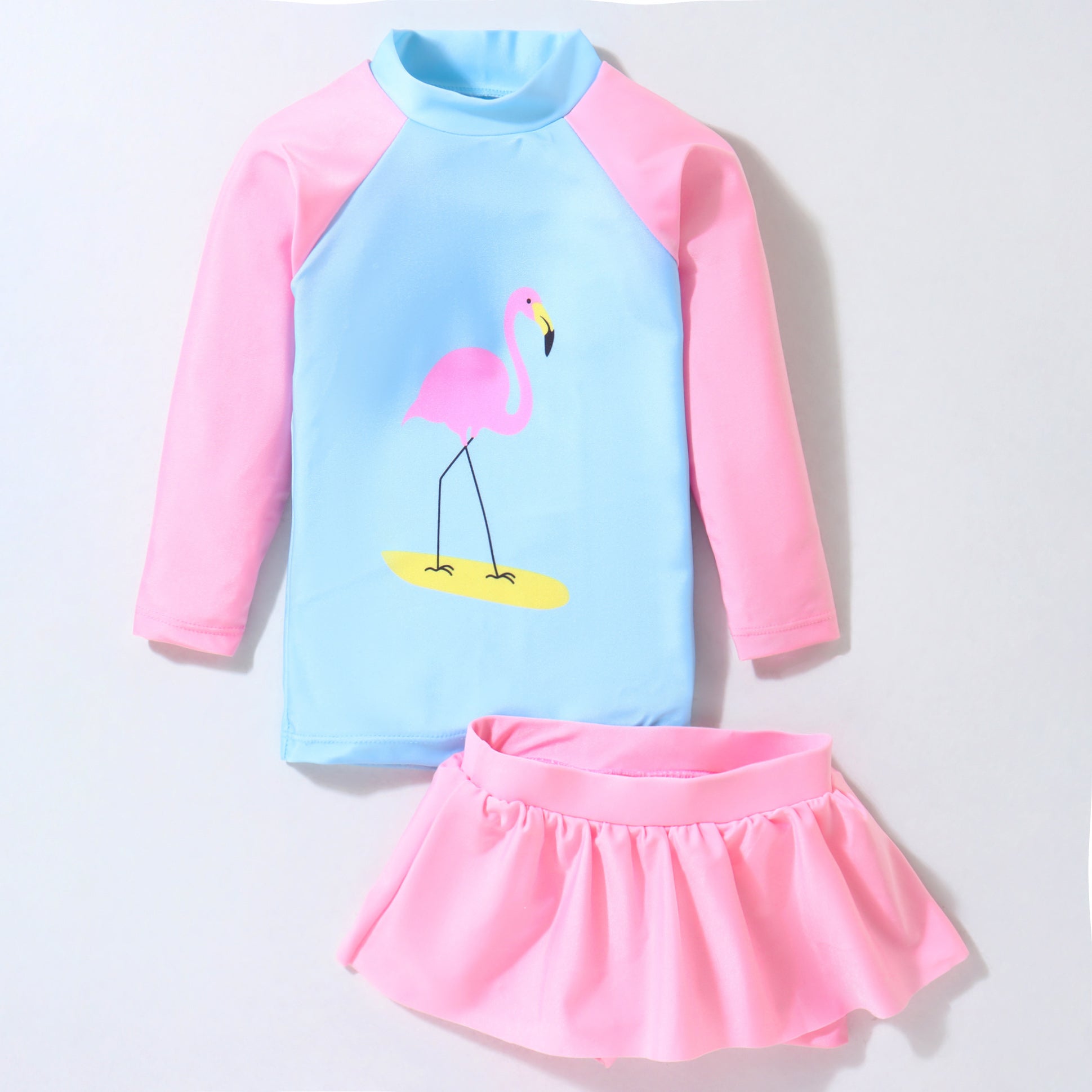 KIDLINGSS FLAMINGO PRINT FULL SLEEVES SKIRT STYLE 2 PIECE SWIMSUIT - BLUE & PINK (1 TO 6 YEARS)