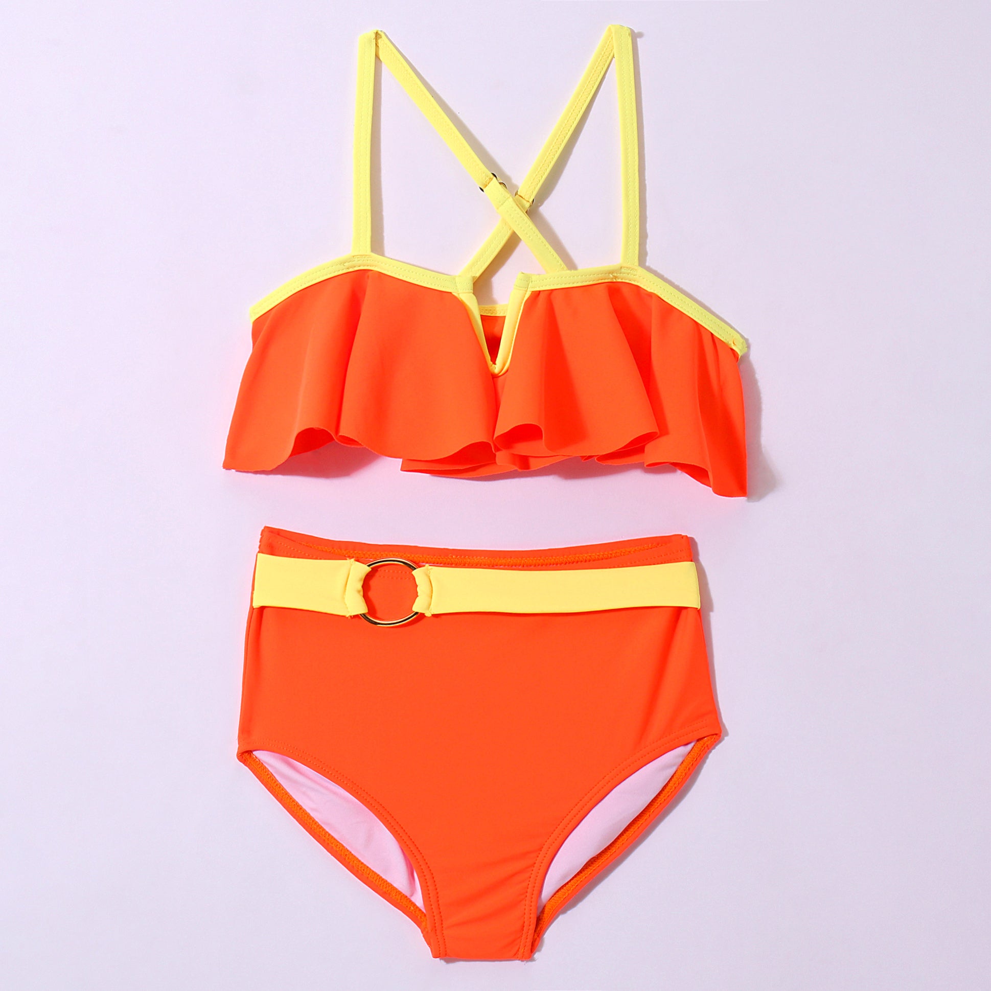 SPAGHETTI STYLE BUCKLE APPLIQUE 2 PIECE SWIMSUIT - ORANGE (2 TO 9 YEARS)