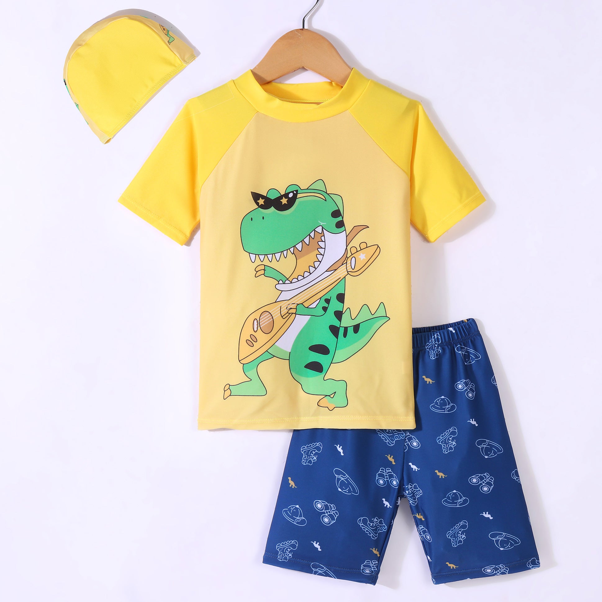 MUSICAL DINO PRINT RAGLAN HALF SLEEVES 2 PIECE SWIMSUIT WITH CAP - YELLOW & BLUE (2 TO 7 YEARS)