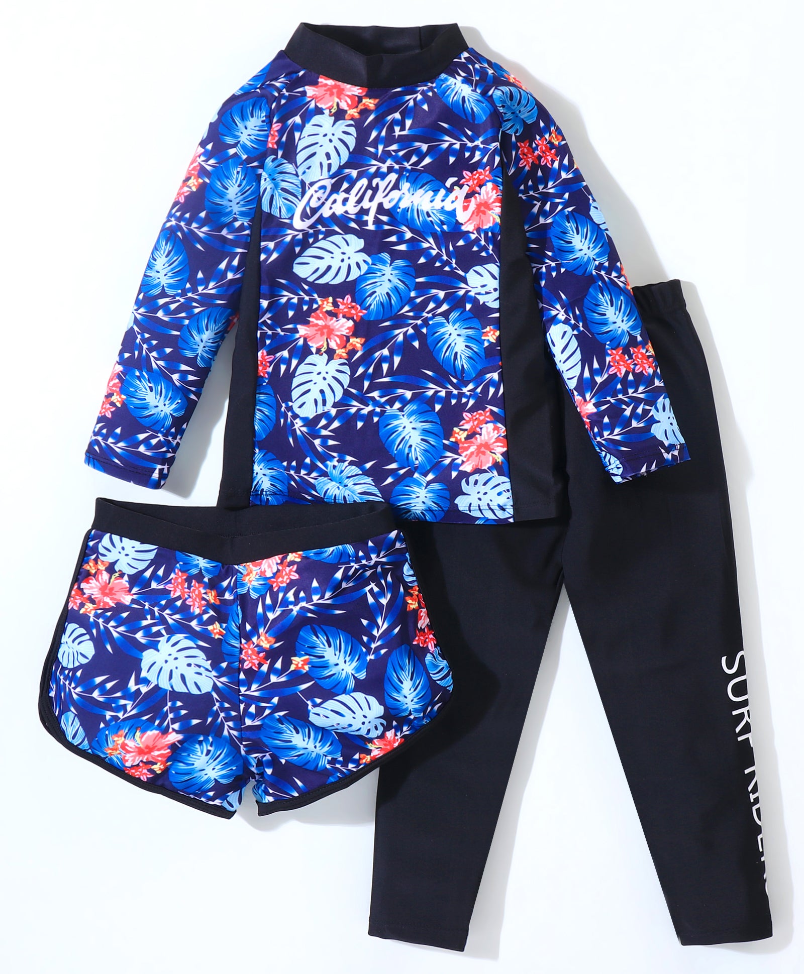 LEAVES PRINTED 3 PIECE SWIMSUIT - BLUE & BLACK (3 TO 10 YEARS)