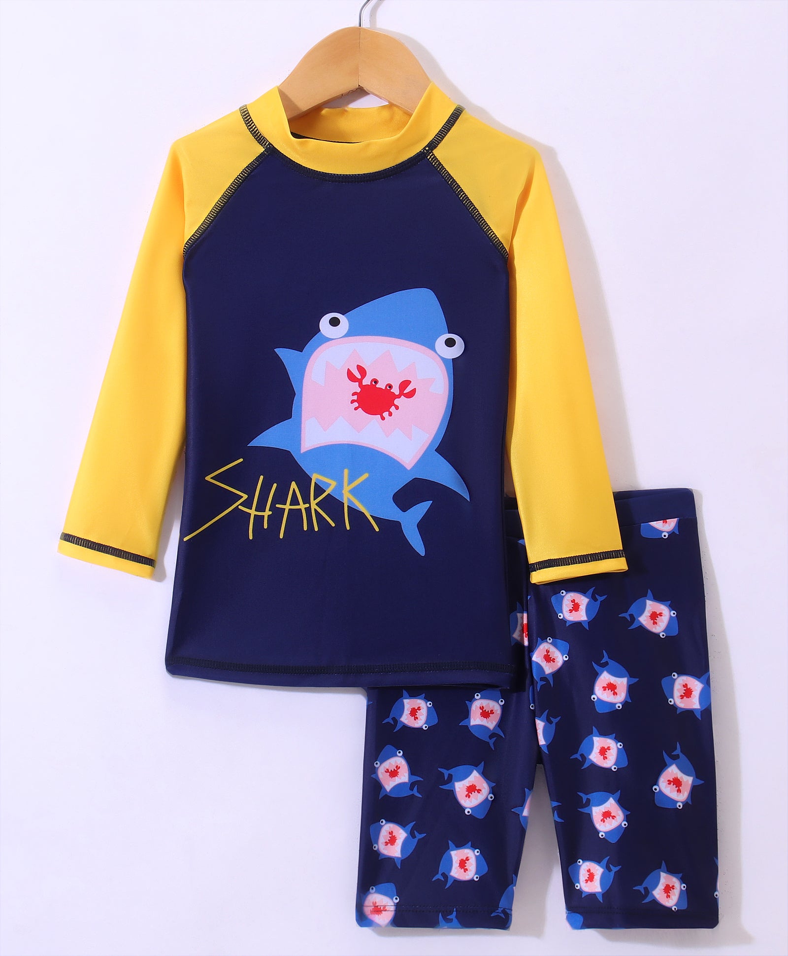 SHARK PRINTED RAGLAN SLEEVES  2 PIECE SWIMSUIT - YELLOW & BLUE (2 TO 7 YEARS)