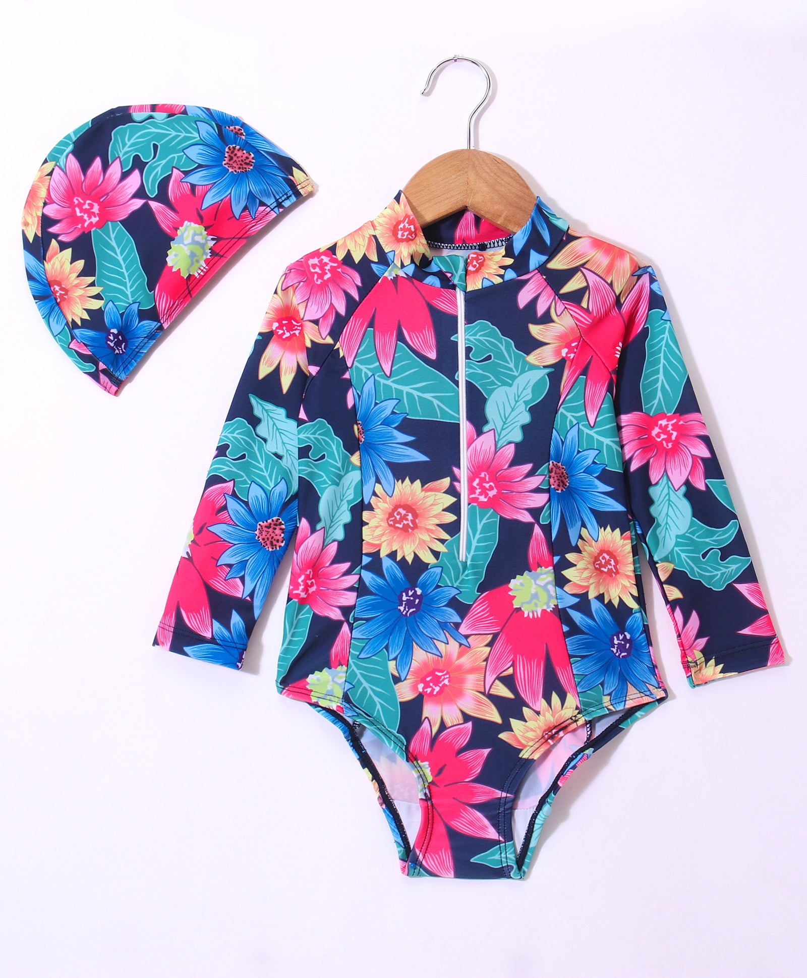SUNFLOWER PRINTED FULL SLEEVES V CUT SWIMSUIT WITH CAP - MULTICOLOR (2 TO 6 YEARS)