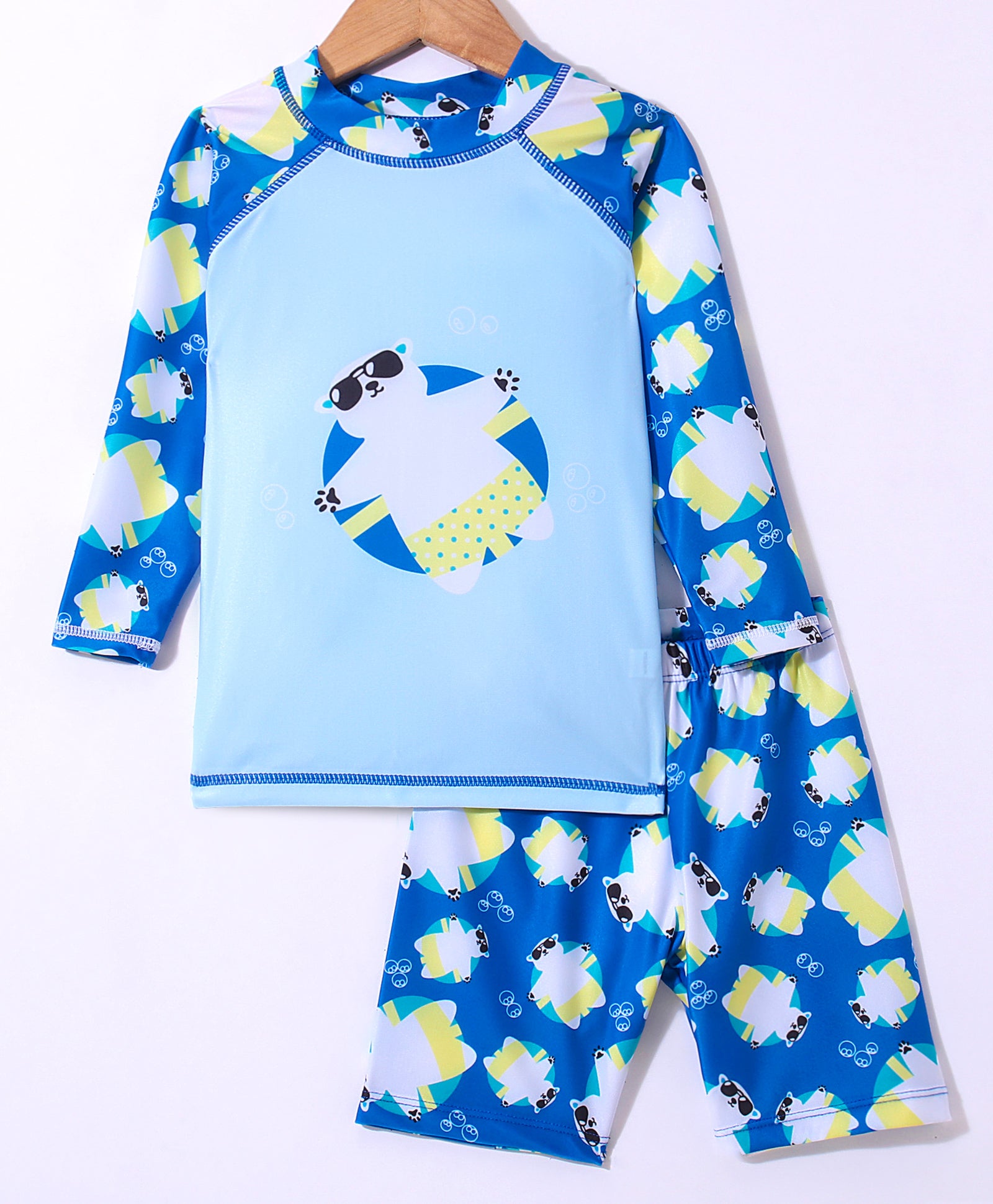 BEAR PRINTED RAGLAN SLEEVES 2 PIECE SWIMSUIT - BLUE (2 TO 7 YEARS)