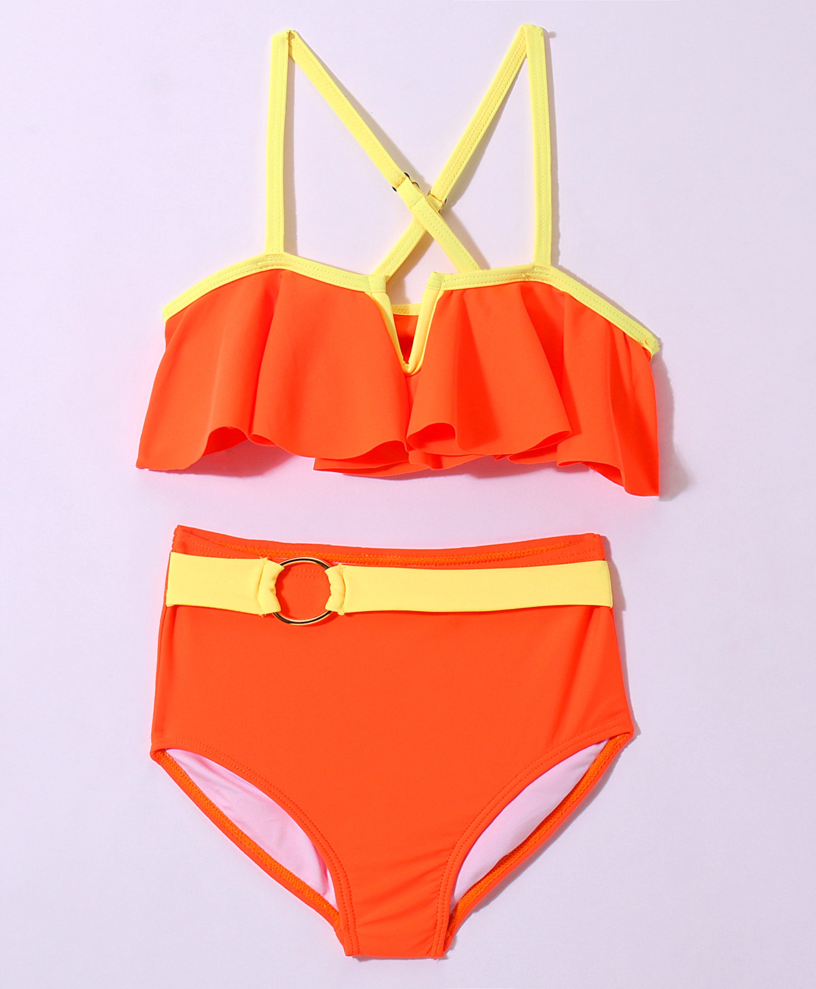 SPAGHETTI STYLE BUCKLE APPLIQUE 2 PIECE SWIMSUIT - ORANGE (2 TO 9 YEARS)