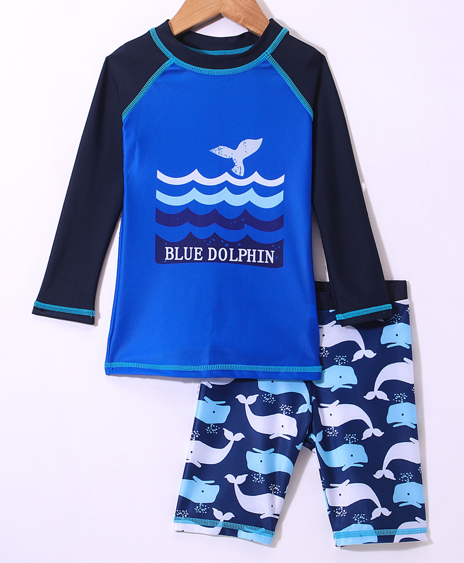 BLUE DOLPHIN PRINT RAGLAN SLEEVES 2 PIECE SWIMSUIT - BLUE (2 TO 7 YEARS)
