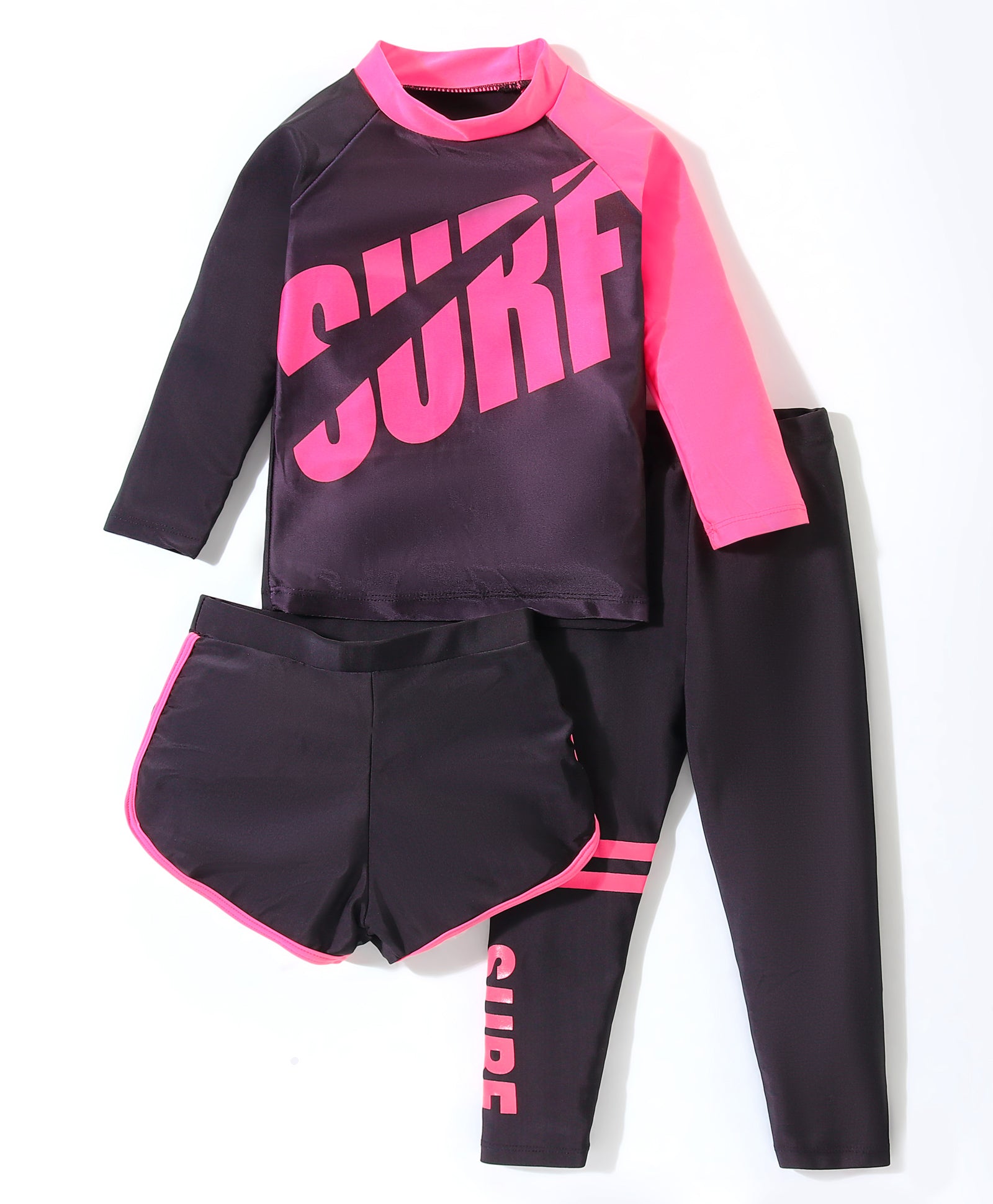 SURF PRINTED RAGLAN SLEEVES 3 PIECE SWIMSUIT - BLACK & PINK (3 TO 10 YEARS)