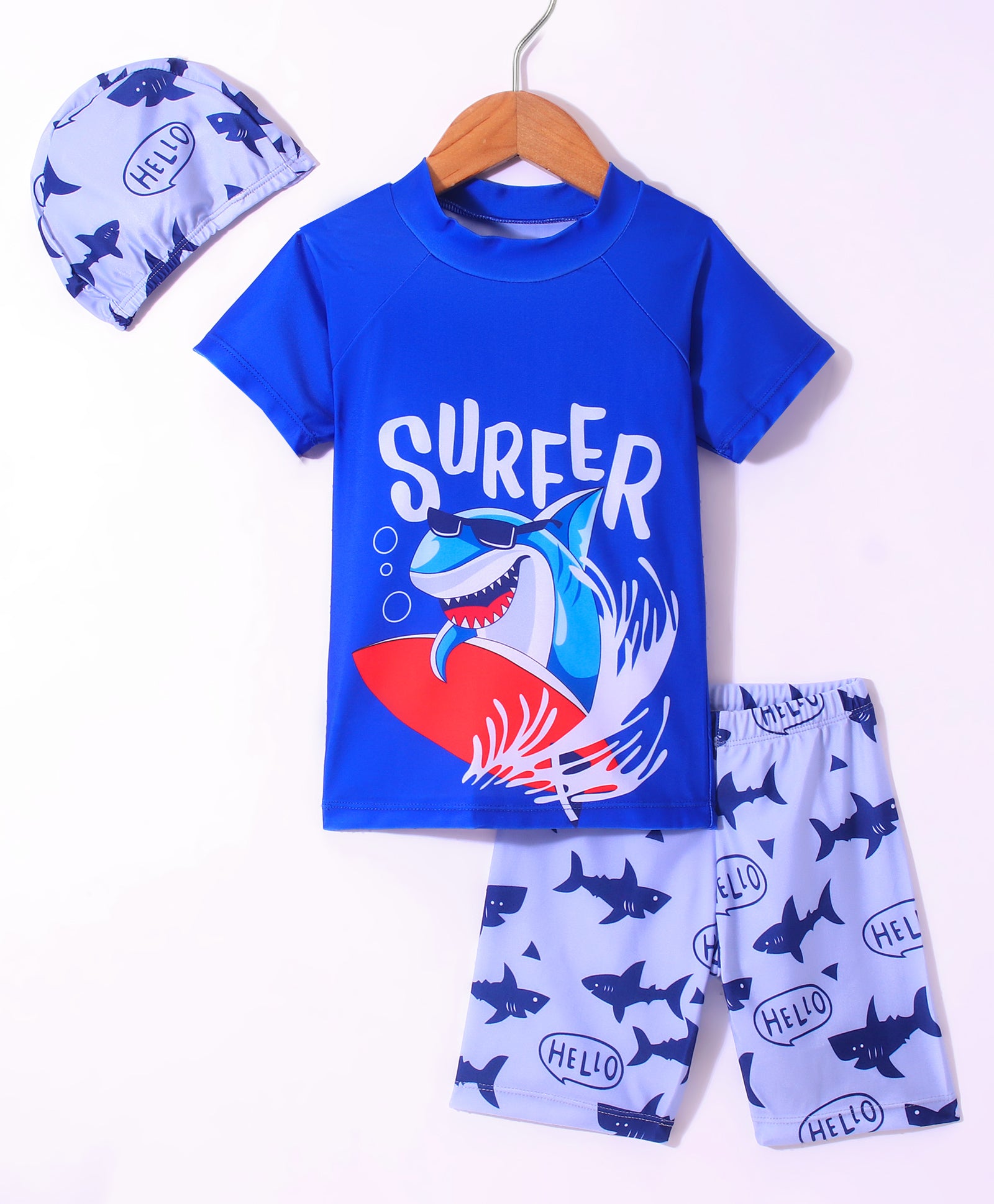 SURFER SHARK PRINT RAGLAN SLEEVES 2 PIECE SWIMSUIT WITH CAP - DARK BLUE & WHITE (2 TO 7 YEARS)