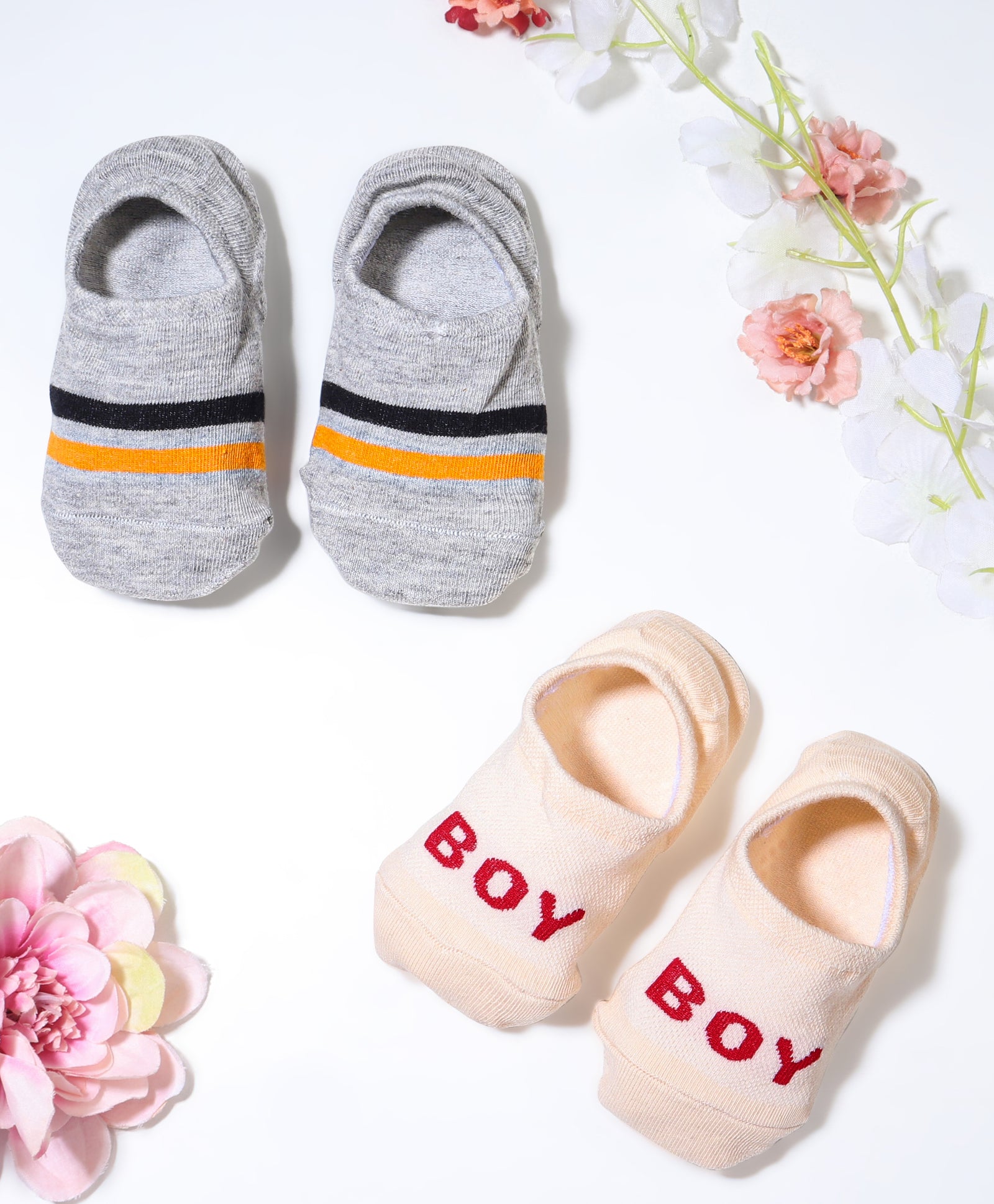 Pack of 2 Stripes & Boy Text Print Anti Skid Loafer Socks - Beige & Grey (1 TO 12 YEARS)