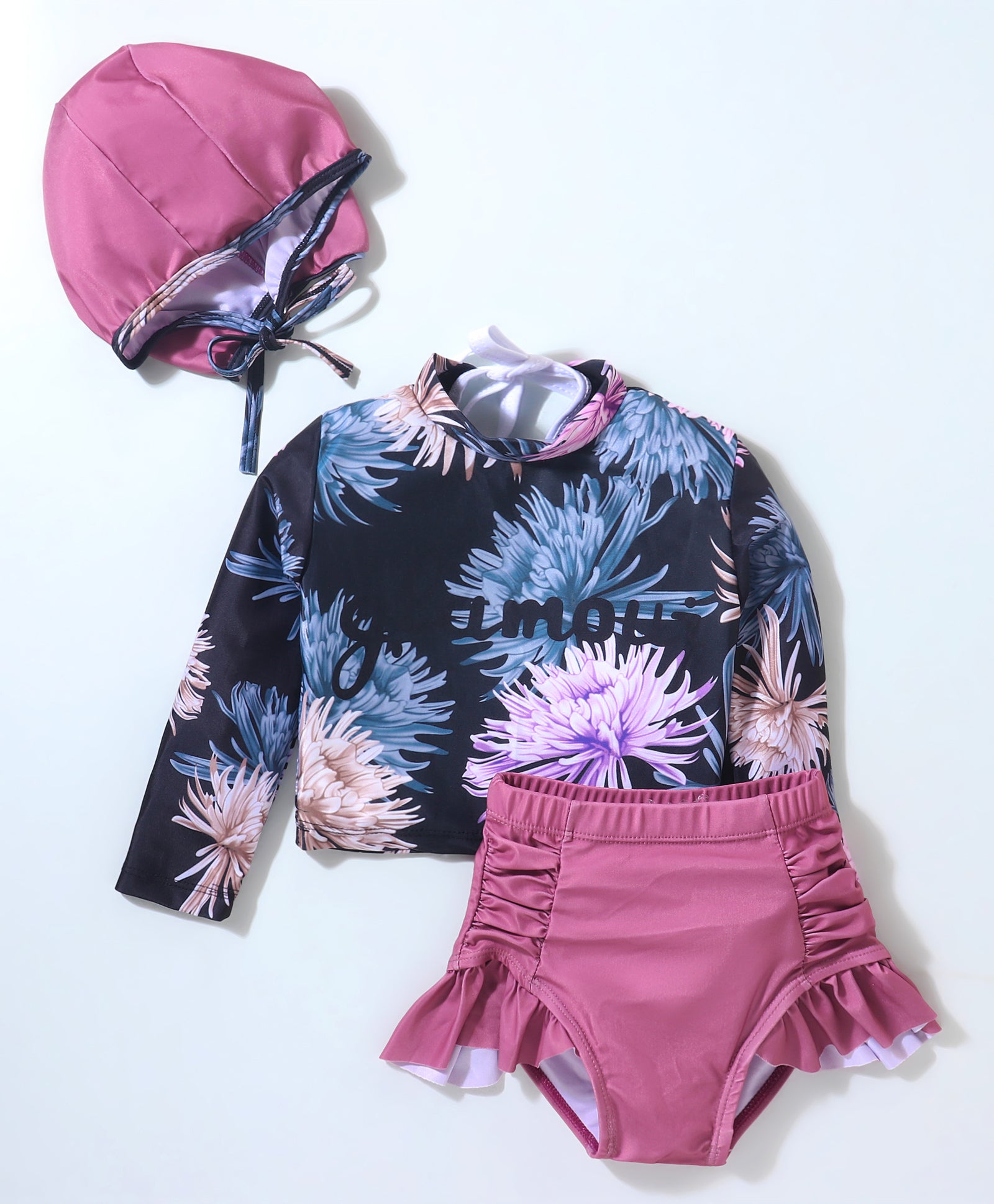 FLORAL PRINTED CROP TOP & HIGH WAIST SHORTS STYLE 2 PIECE SWIMSUIT WITH CAP  - BLACK & MAUVE (2 TO 6 YEARS)
