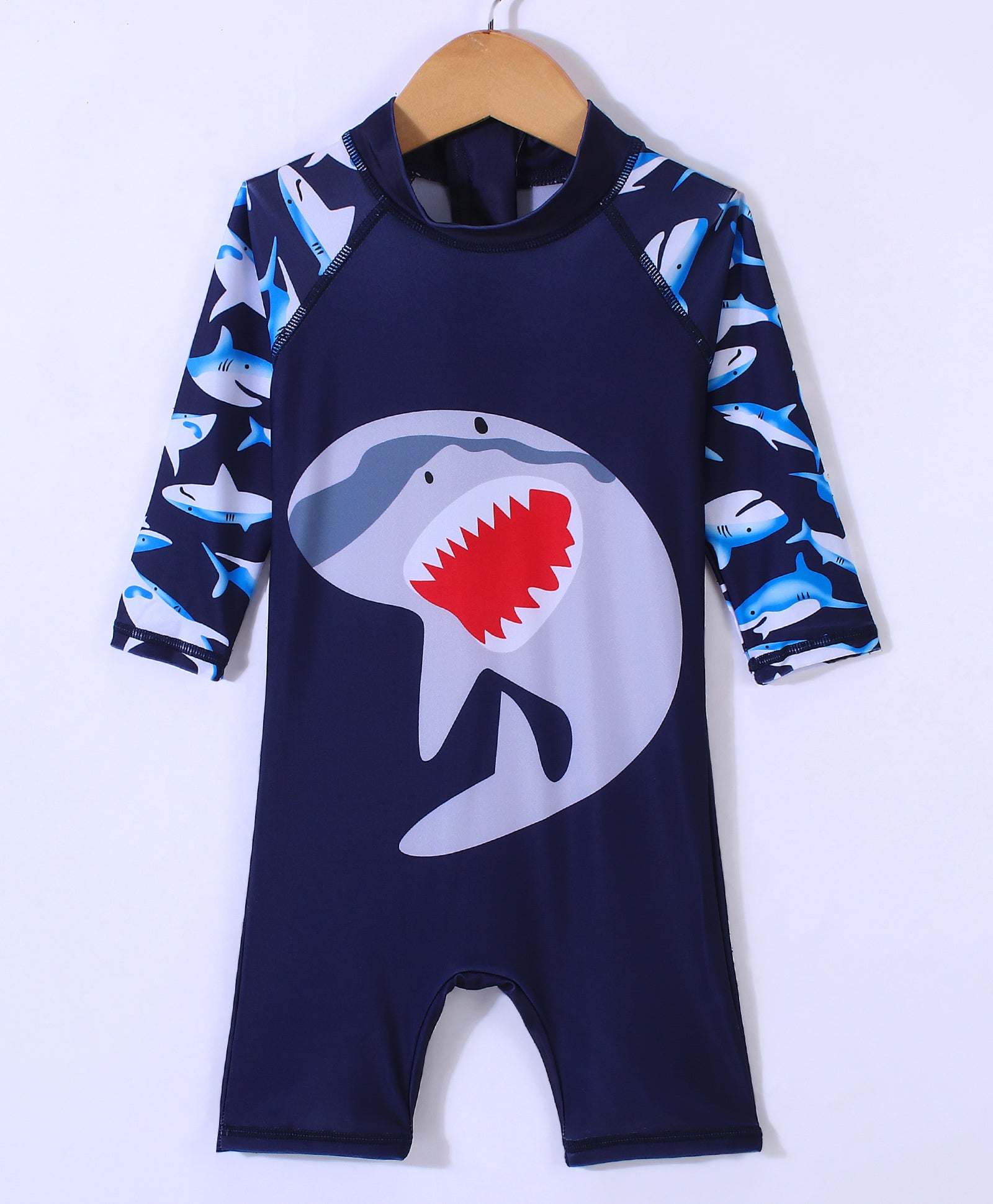 SHARK PRINT HALF SLEEVES LEGGED SWIMSUIT - NAVY BLUE (2 TO 7 YEARS)