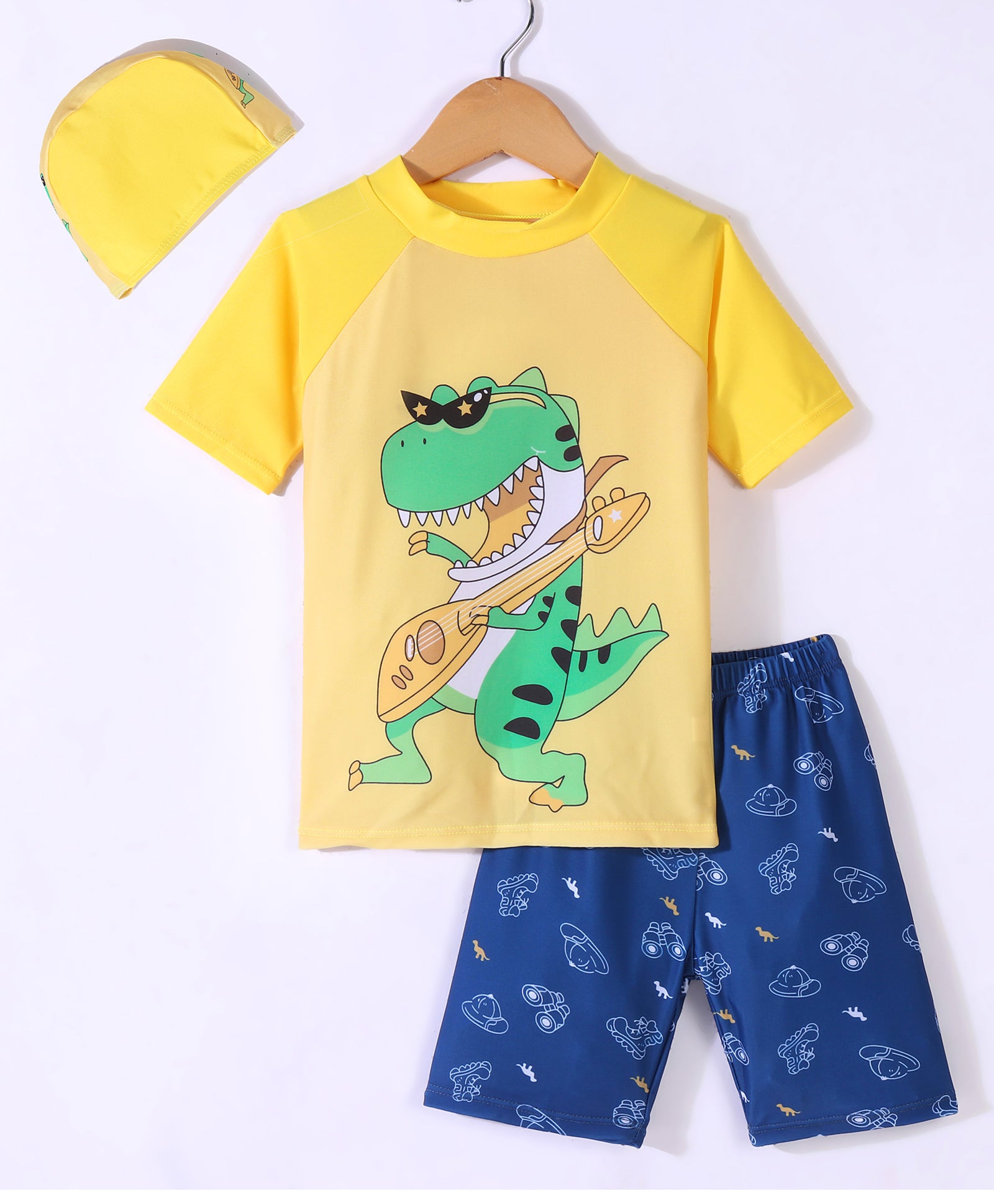 MUSICAL DINO PRINT RAGLAN HALF SLEEVES 2 PIECE SWIMSUIT WITH CAP - YELLOW & BLUE (2 TO 7 YEARS)
